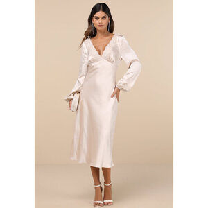 Lulus Illustrious Elegance Champagne Satin Long Sleeve Midi Dress White - Size L